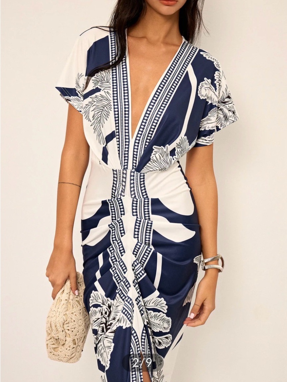 Navy & White Floral V-Neck Midi Dress - Picture 2 of 3